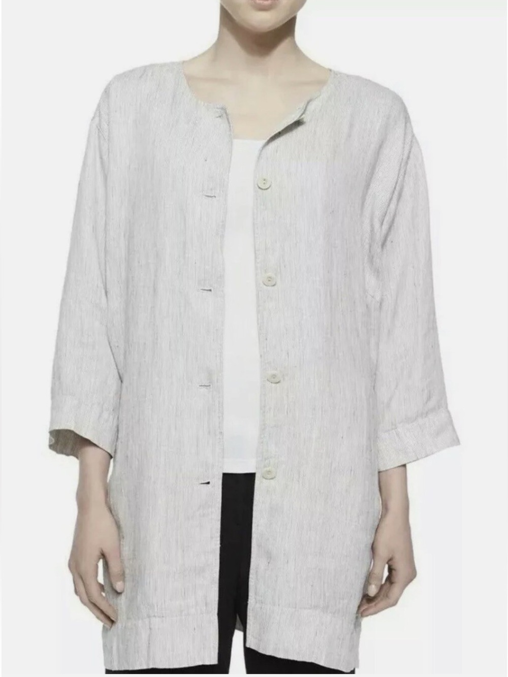 EILEEN FISHER Petite 100% Organic Linen Striped Button-Down Tunic Jacket Size PS
